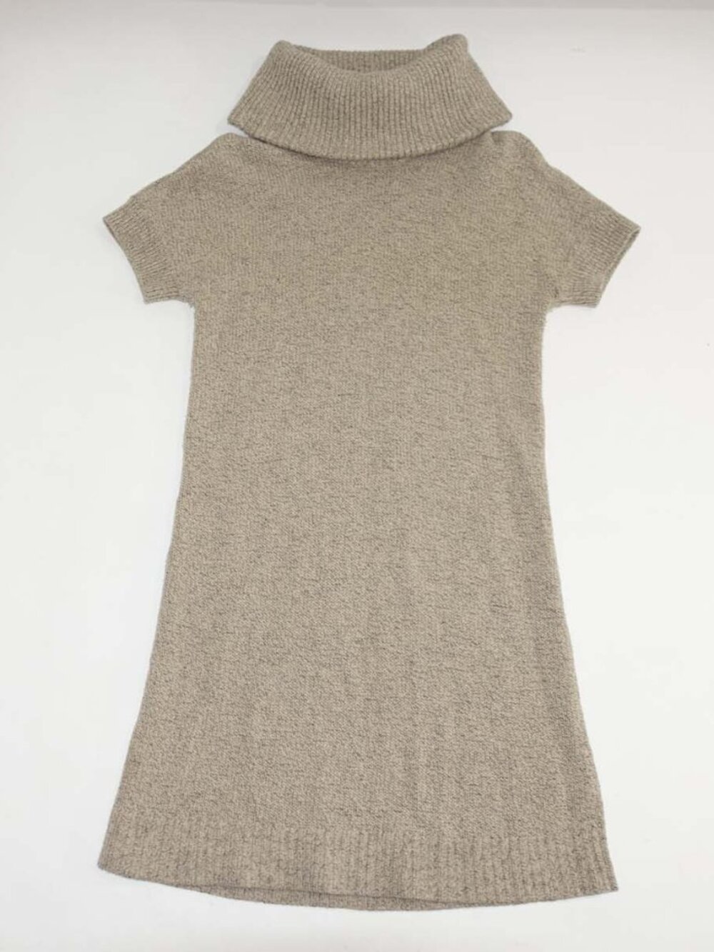 L.L. Bean Womens Cowl Neck Sweater Dress Size Large Tan Wool Chunky Short Sleeve
